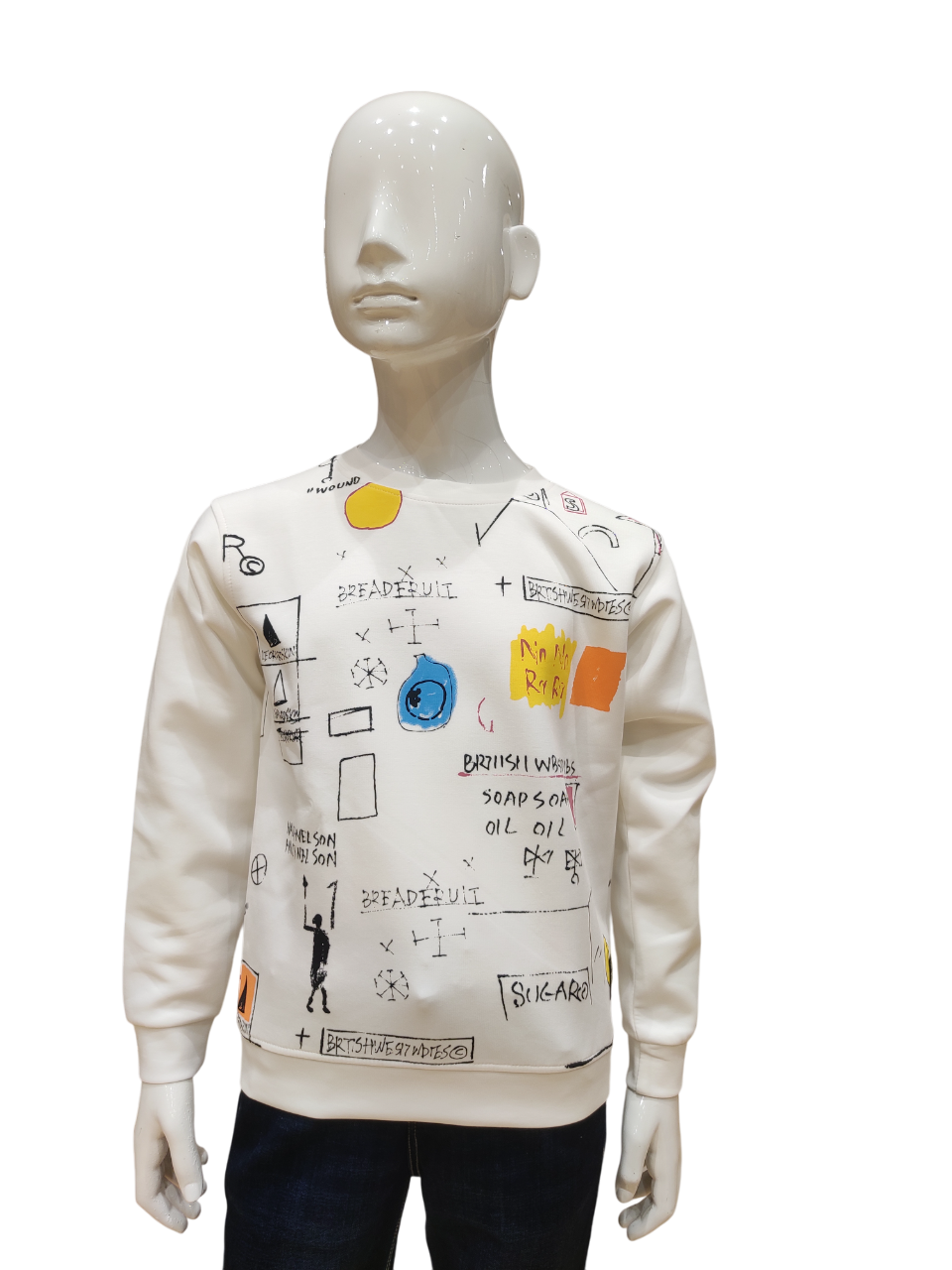 Boys Off White Round Neck Full Sleeve Fancy Printed T-Shirt