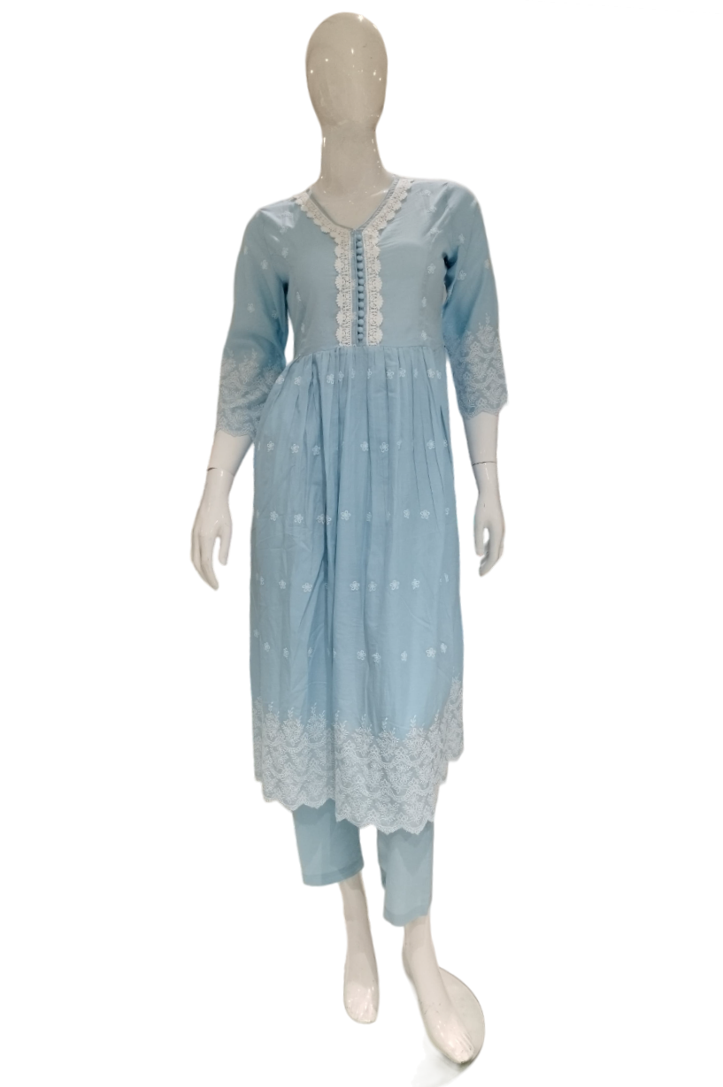 Women Sky Blue embroidered Printed Party Wear Kurti Suit With Dupatta
