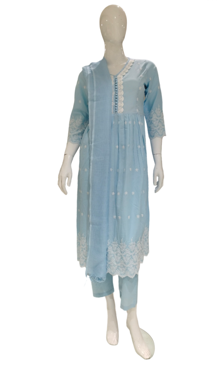 Women Sky Blue embroidered Printed Party Wear Kurti Suit With Dupatta