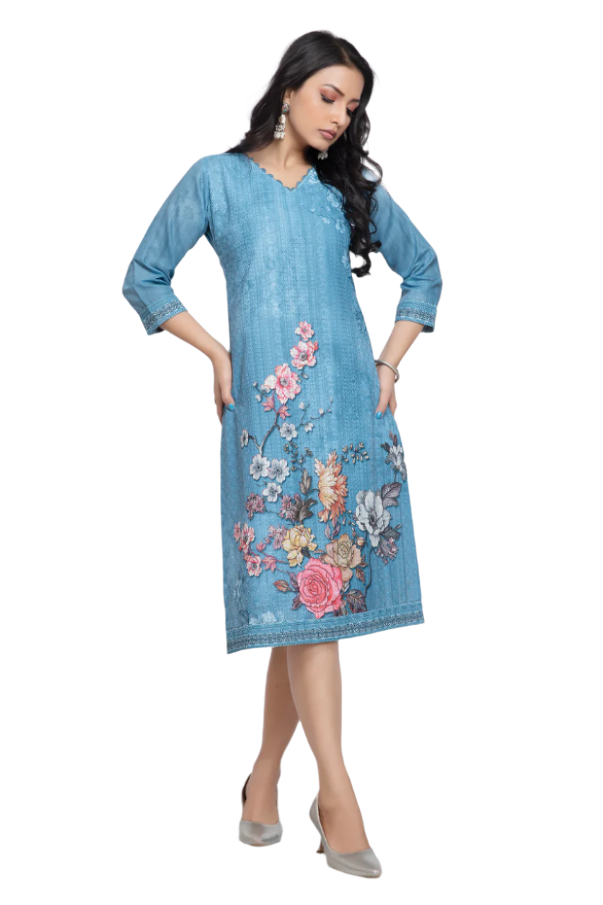 Women's Blue Floral Printed Fancy Kurti