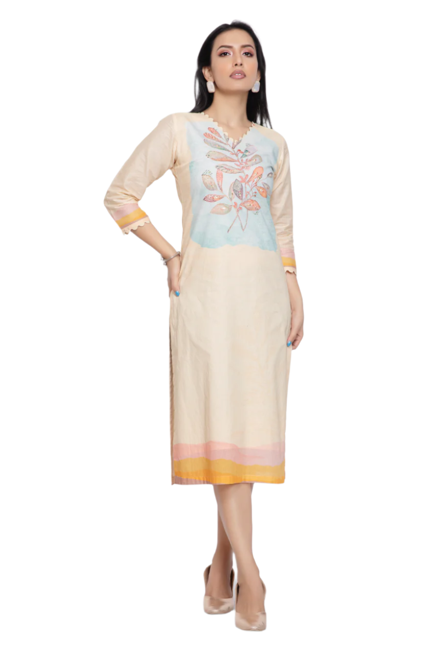 Women's Cream Floral Printed Fancy Kurti