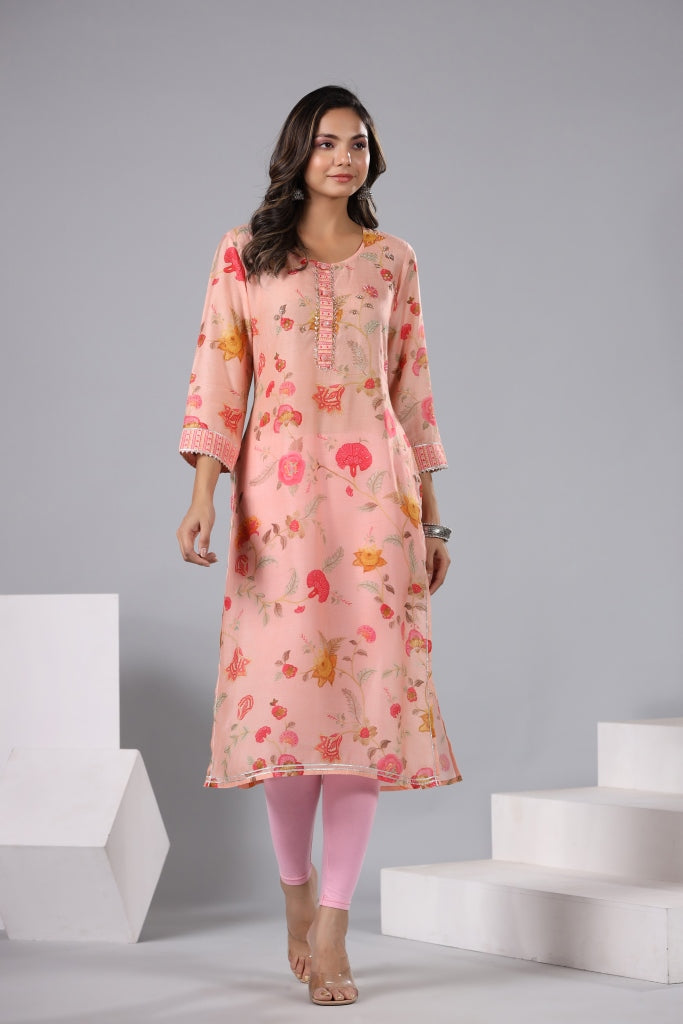 Women Light Peach  Color Floral Printed Straight Fit Kurti