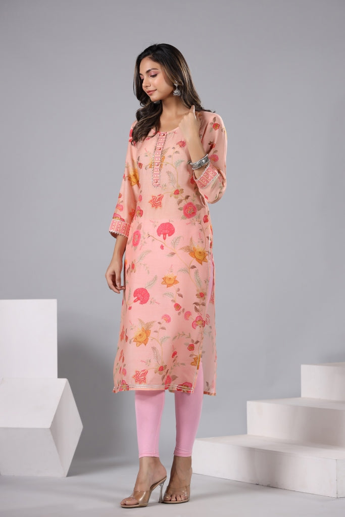 Women Light Peach  Color Floral Printed Straight Fit Kurti