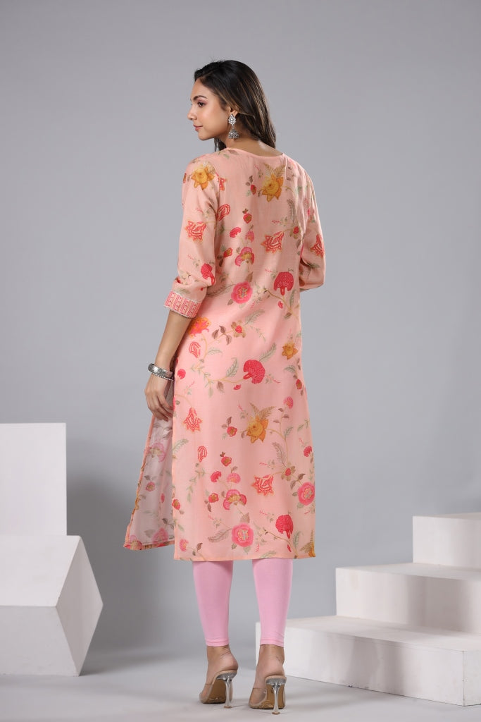 Women Light Peach  Color Floral Printed Straight Fit Kurti