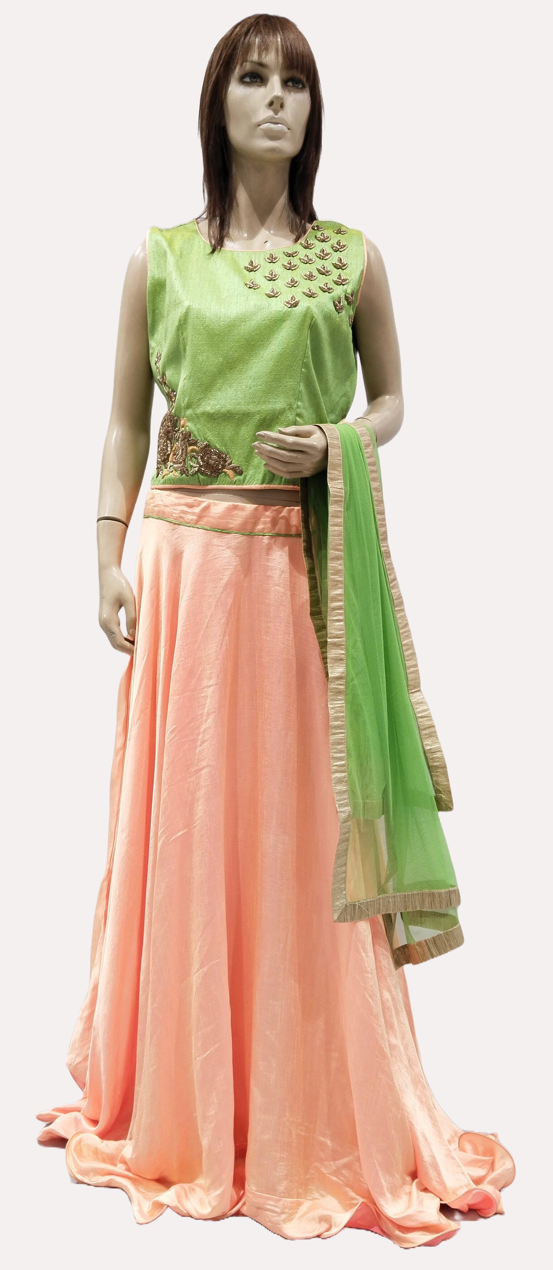 Woman's Green & Peach Combination Designer Cholee Suit with Green Dupatta