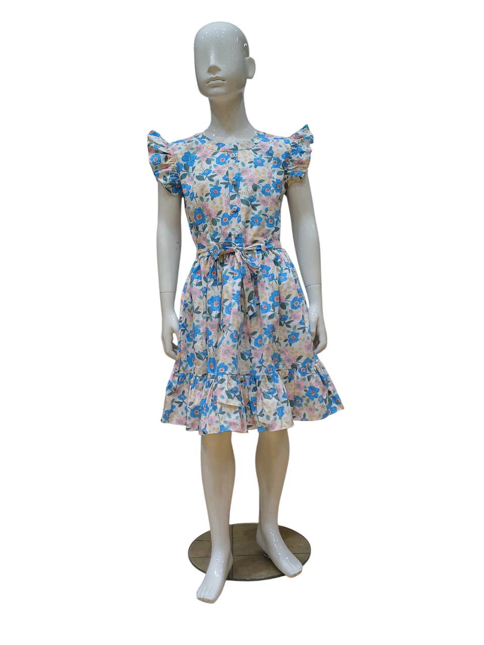 Girls Blue Floral Printed Fancy Cotton Frock