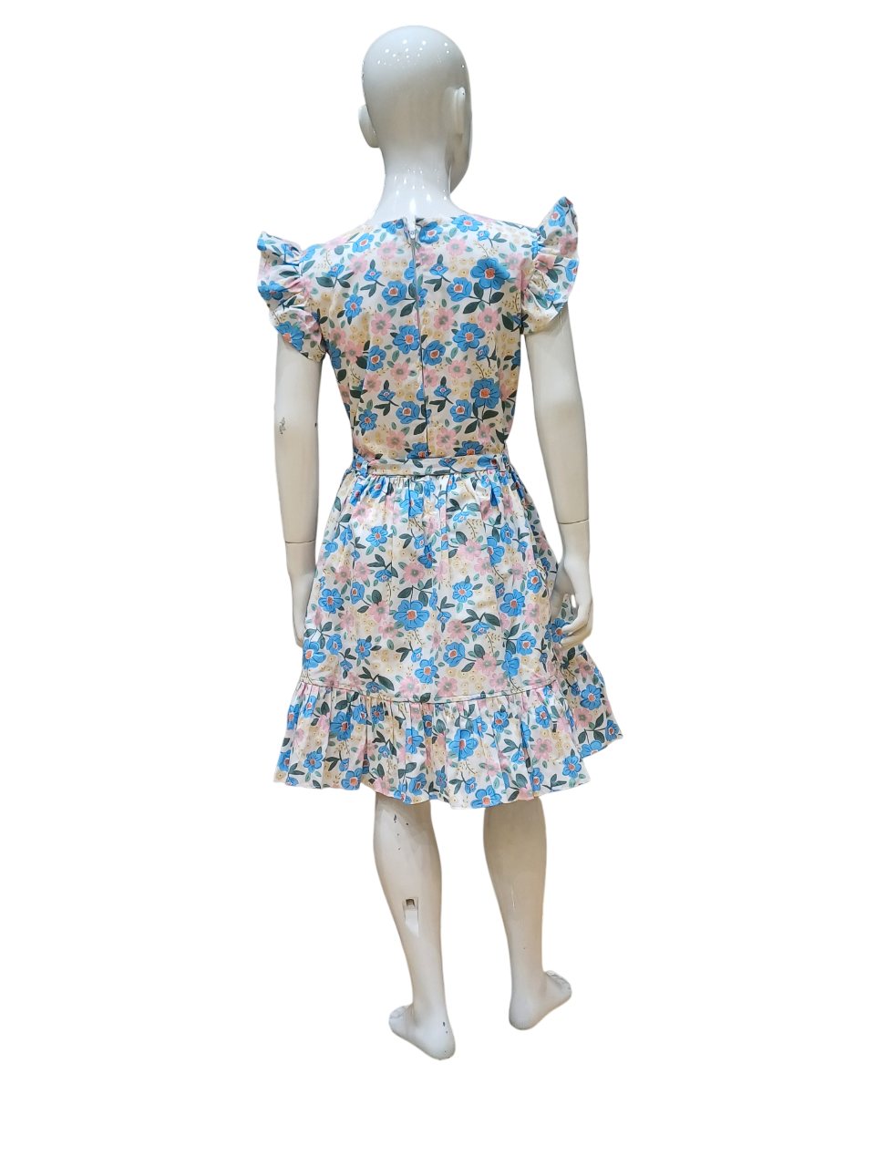 Girls Blue Floral Printed Fancy Cotton Frock