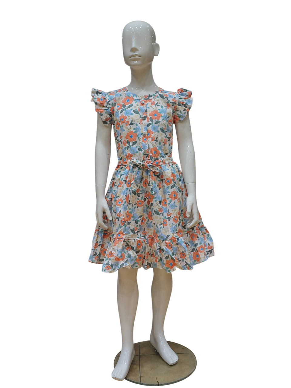 Girls Orange Floral Printed Fancy Cotton Frock