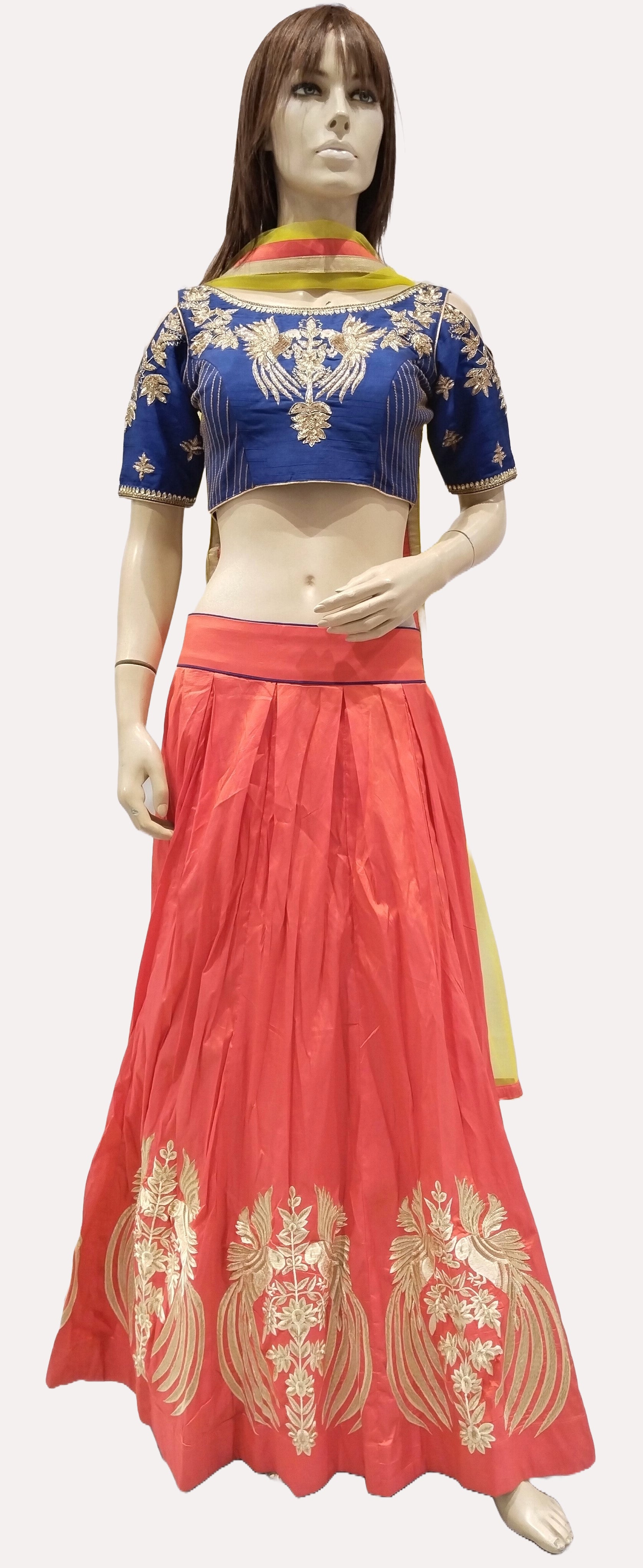 Woman's Blue & Tomato Combination Designer Cholee Suit with Yellow Dupatta