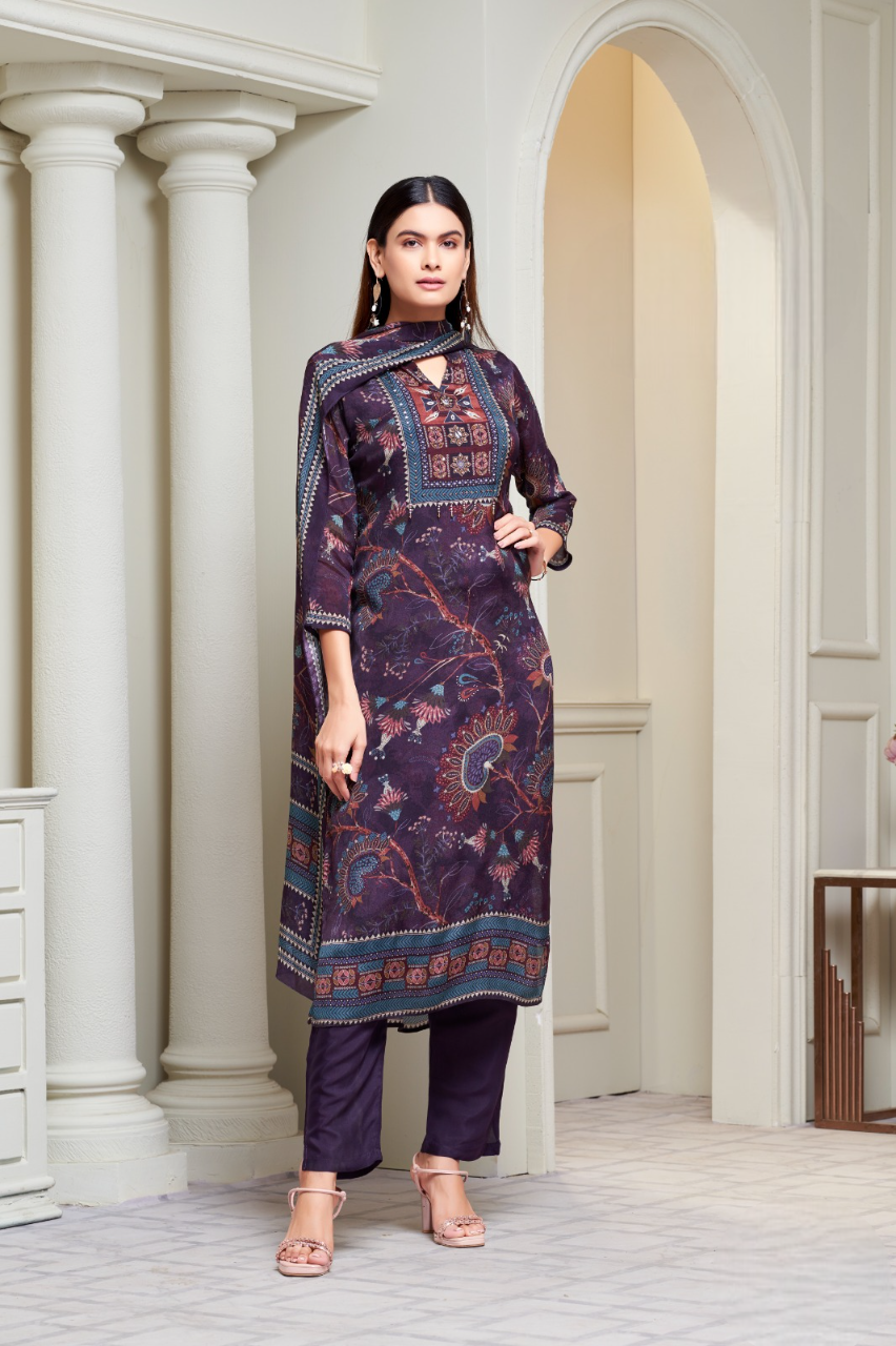 Women Purple Printed Fancy Kurti Suit With Dupatta