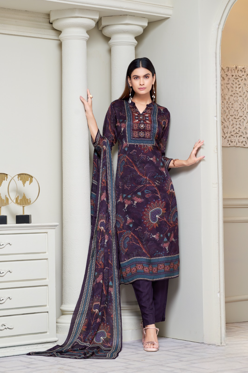 Women Purple Printed Fancy Kurti Suit With Dupatta
