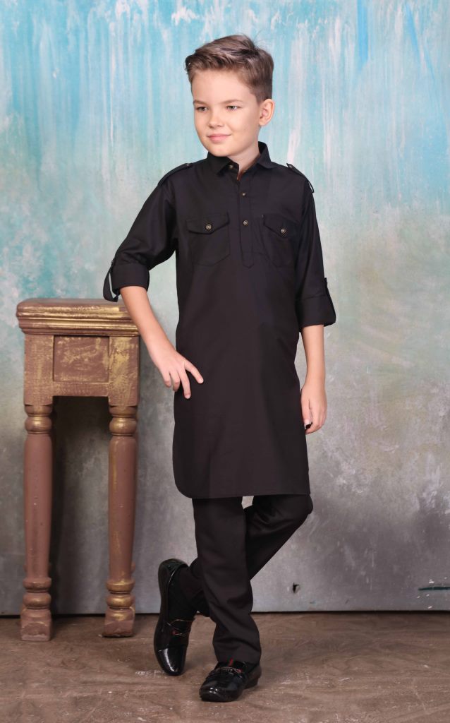 Boys Black Plain Pthani Suit