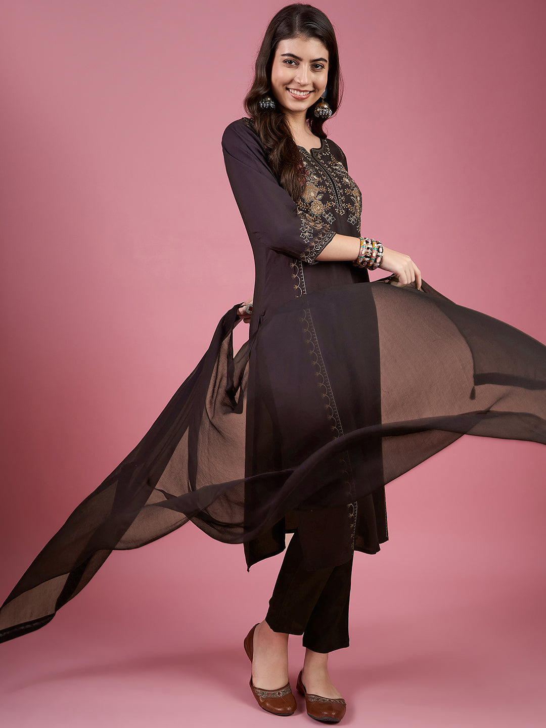 Women's Coffee Fancy Kurti Suit With Dupatta