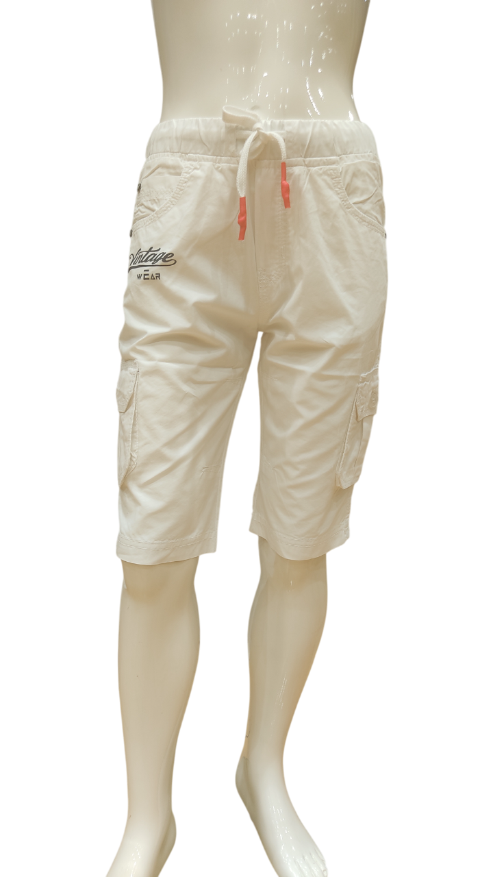 Boys White Round Elastic Fancy Cotton Cargo Style Jamaican