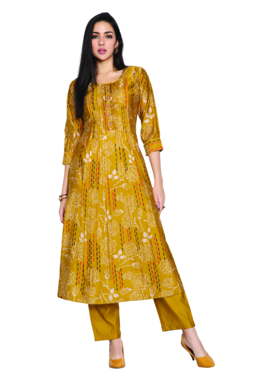 Women's Yellow Floral Printed Fancy Kurti With Bottom Set