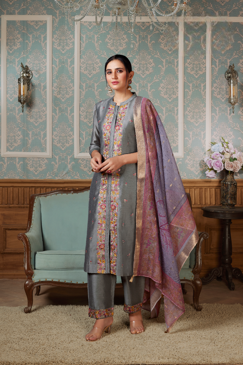 Women's Grey Semi Silk Kurti Suit With Dupatta