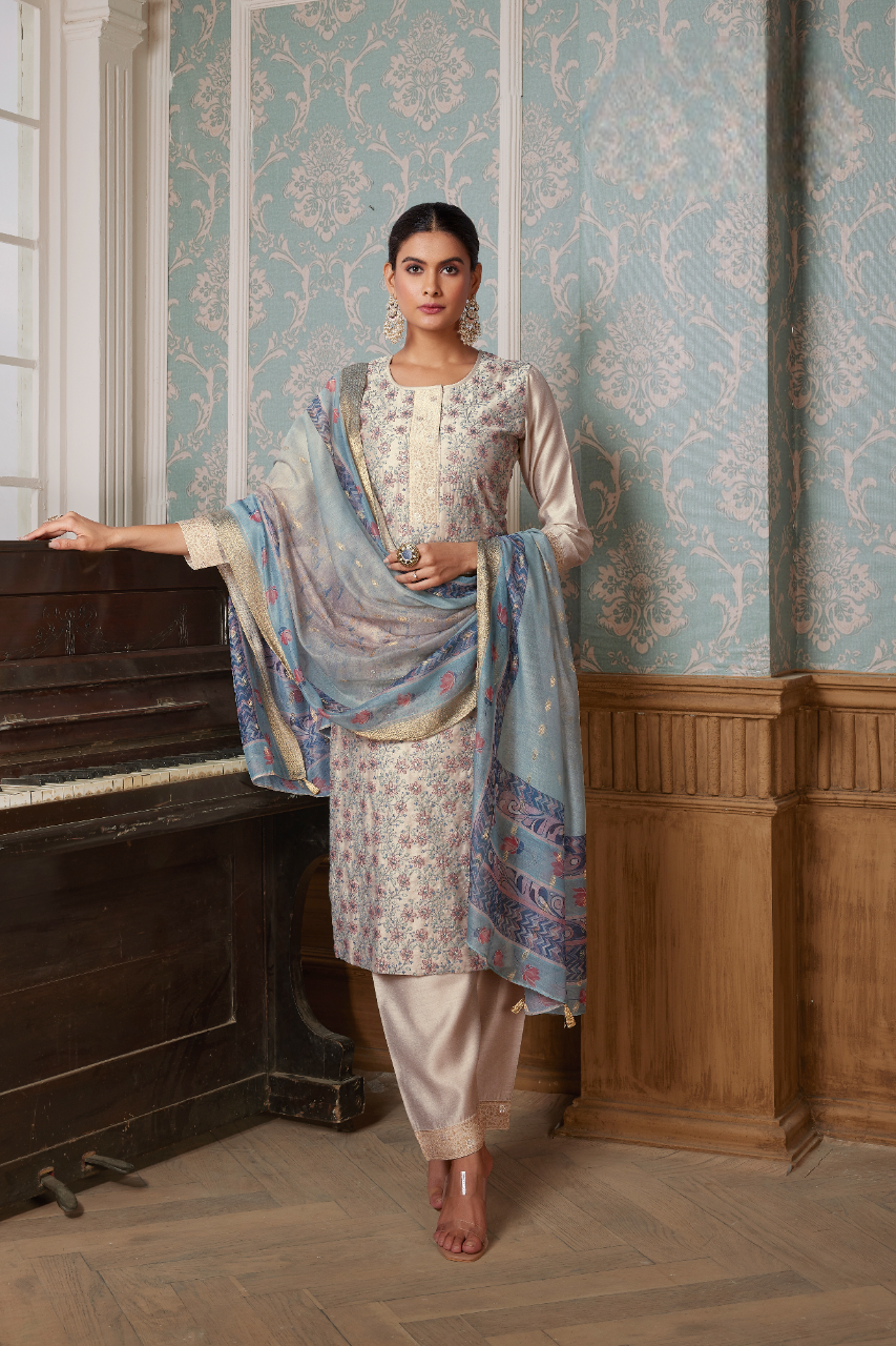 Women's Cream Semi Silk Kurti Suit With Dupatta