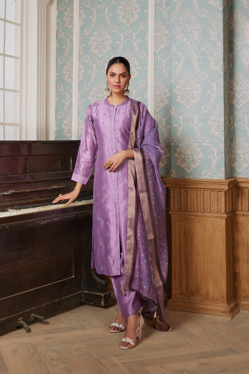 Women's Purple Semi Silk Kurti Suit With Dupatta
