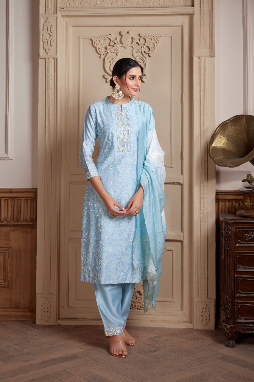 Women's Sky Blue Semi Silk Kurti Suit With Dupatta