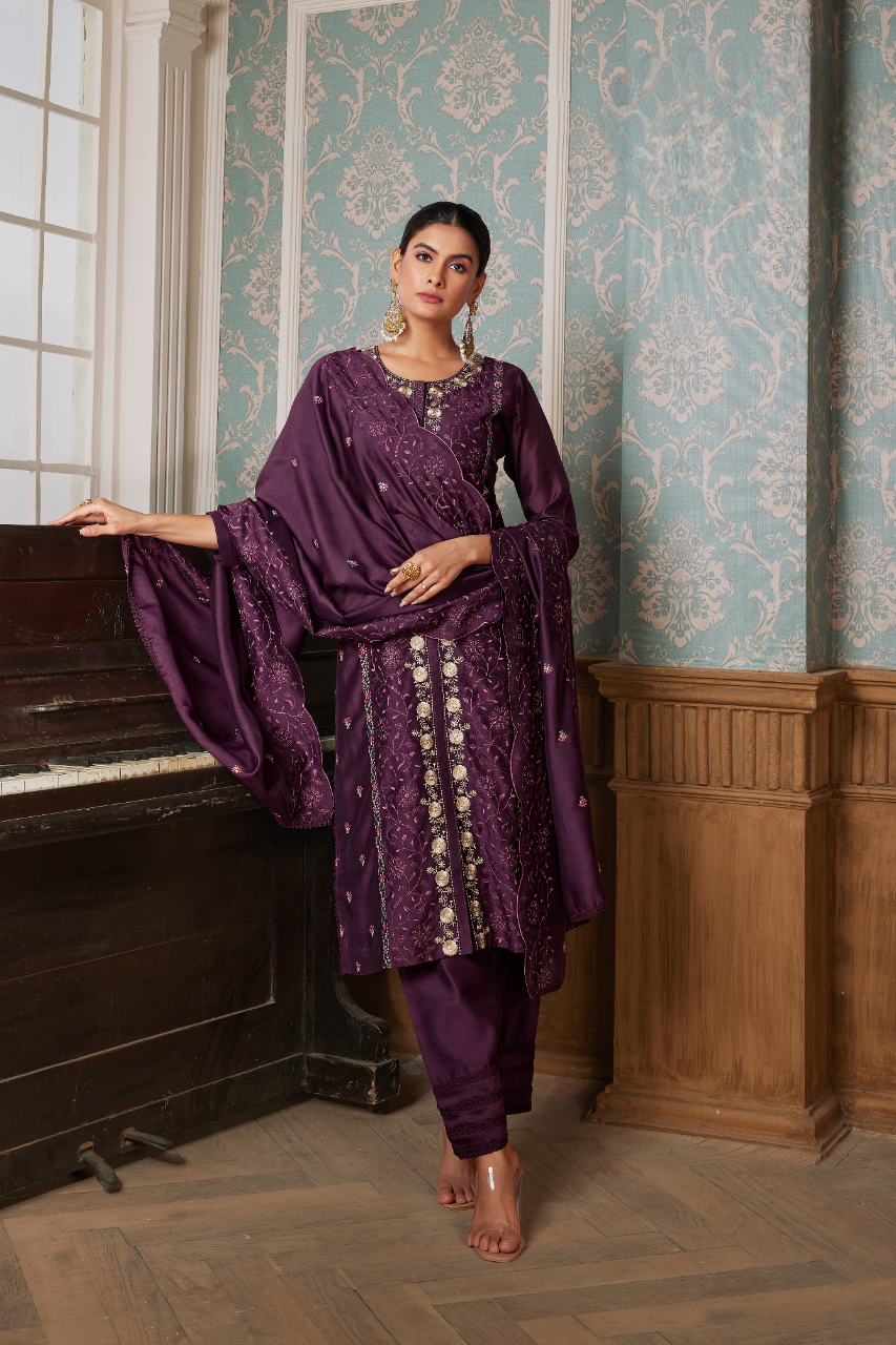 Women's Wine Semi Silk Kurti Suit With Dupatta