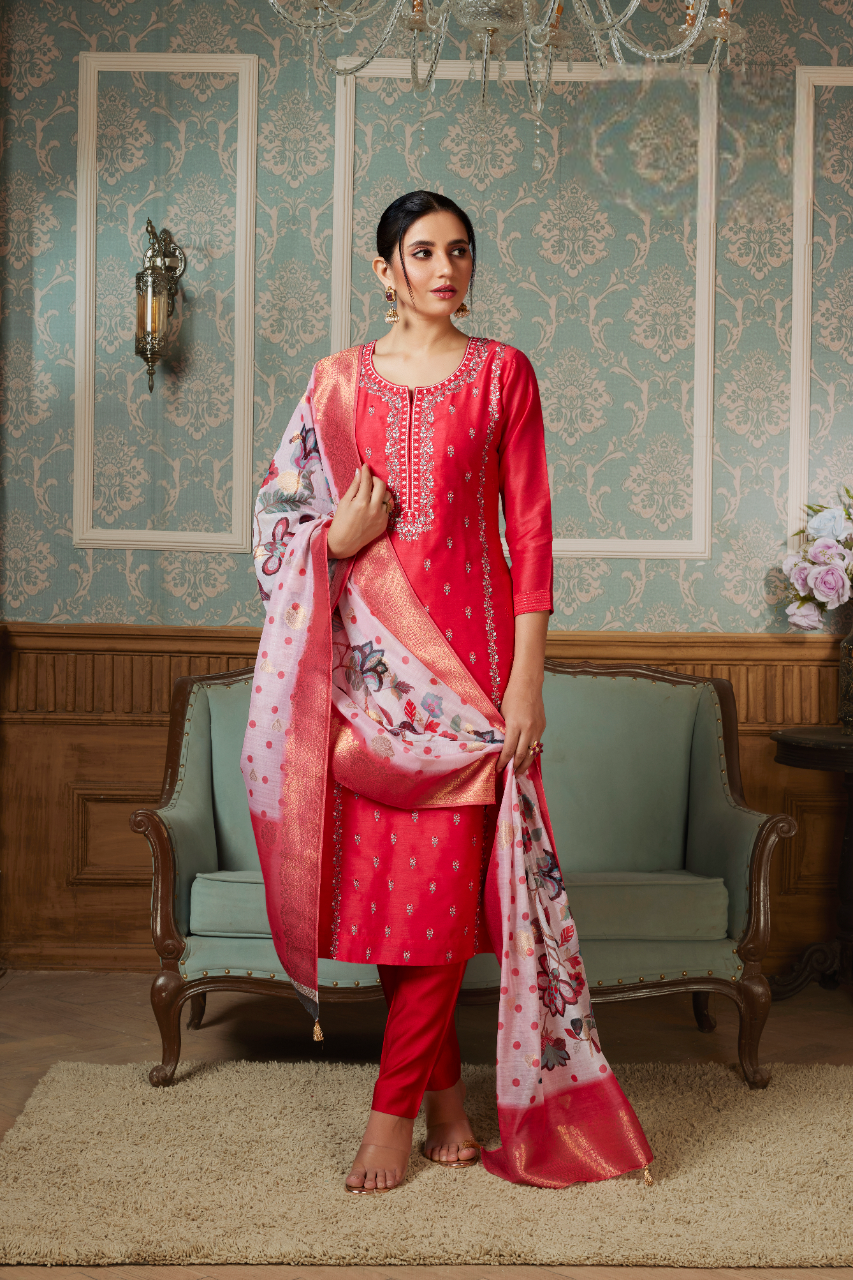Women's Red Semi Silk Kurti Suit With Dupatta