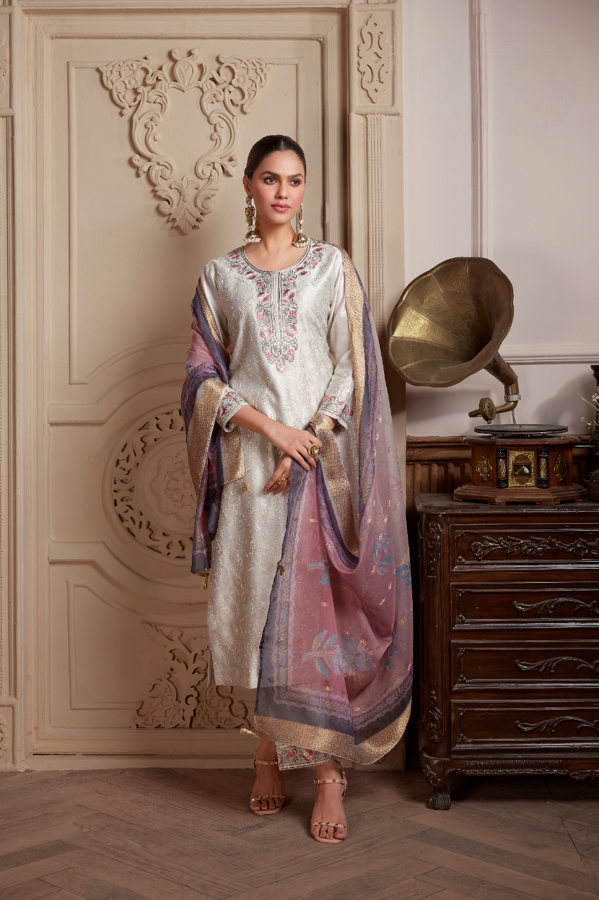 Women's Light Grey Semi Silk Kurti Suit With Dupatta
