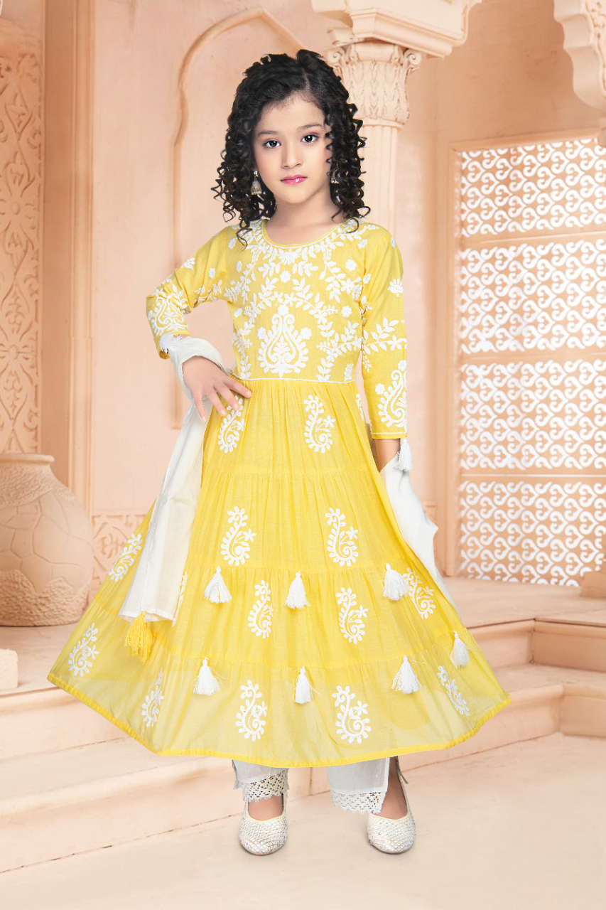 Girls Yellow Embroidered Fancy Kurti Suit With Dupatta