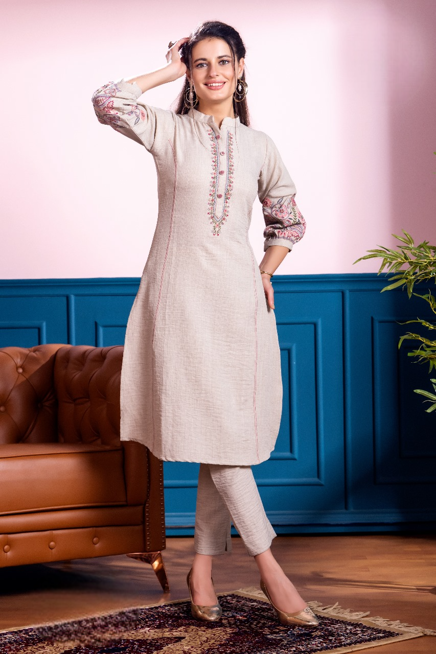 Women's Beige Embroidery Stylish Co-Ordinates Set
