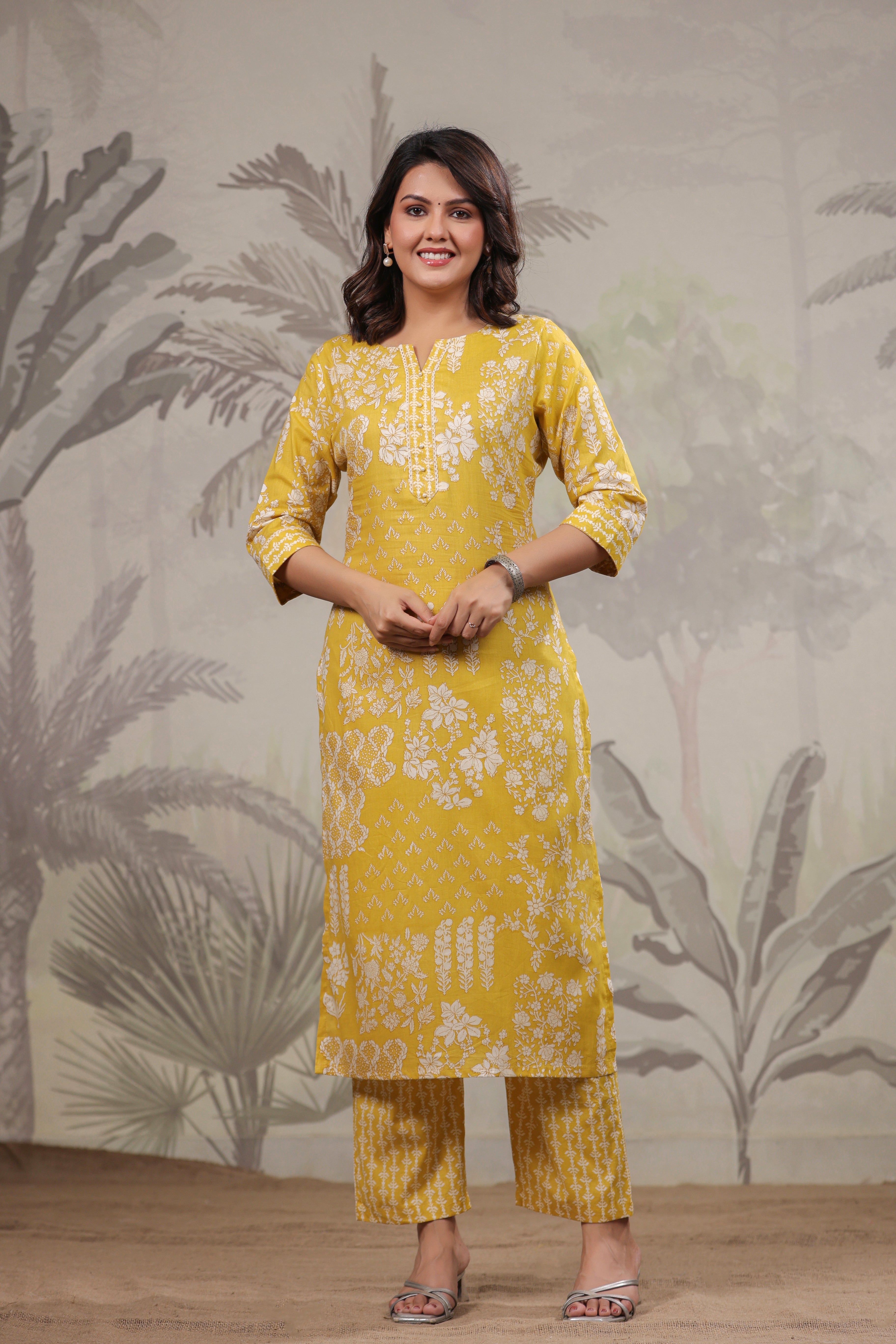 Women Yellow Floral Printed Fancy Kurti Suit