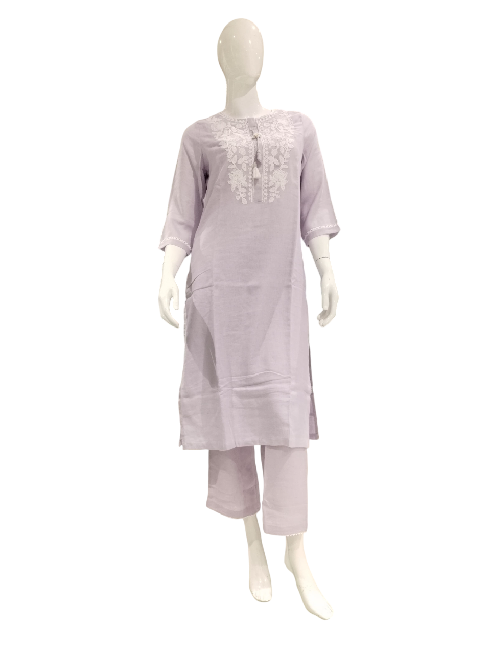 Women Embroidered Lavender Cotton Linen Party Wear Kurti Suit