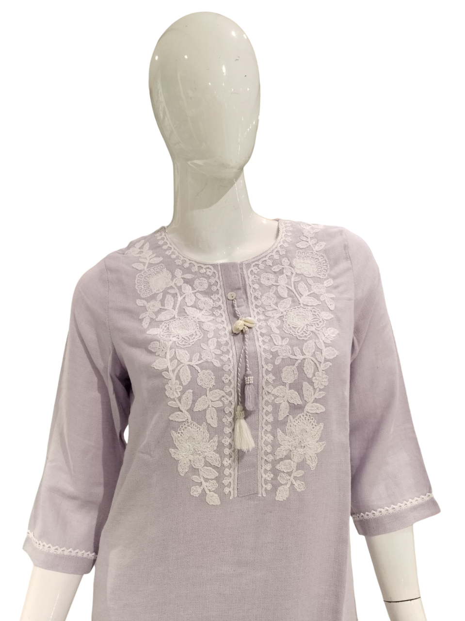 Women Embroidered Lavender Cotton Linen Party Wear Kurti Suit
