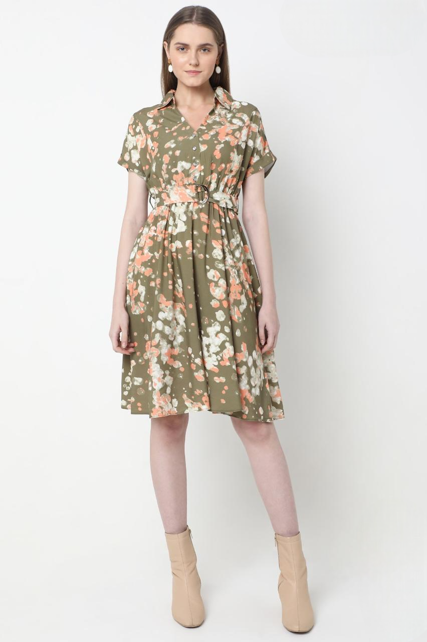 Women's Green Printed V Neck Fancy Midi