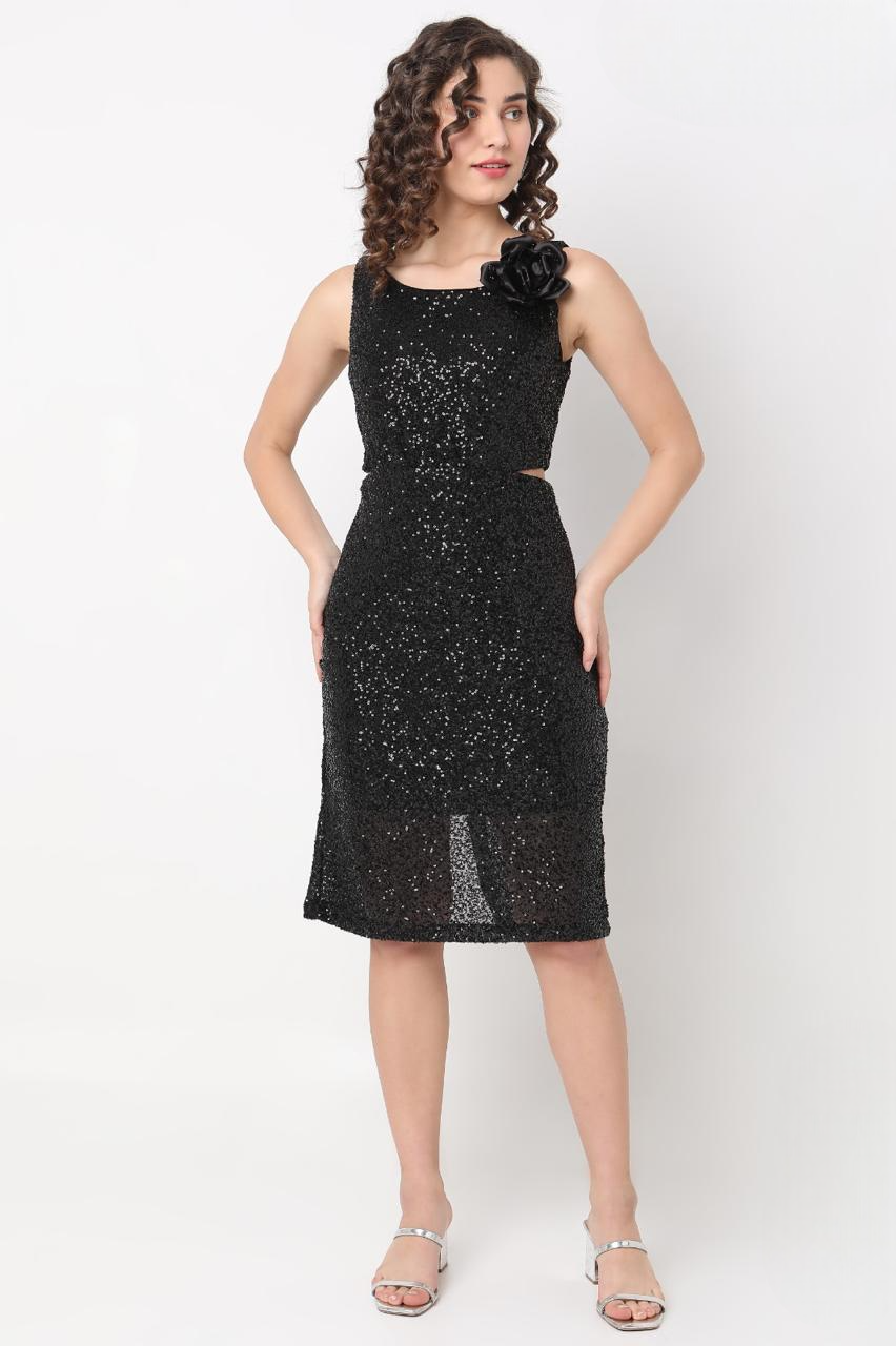 Women's Black Sleeve Less Fancy Midi