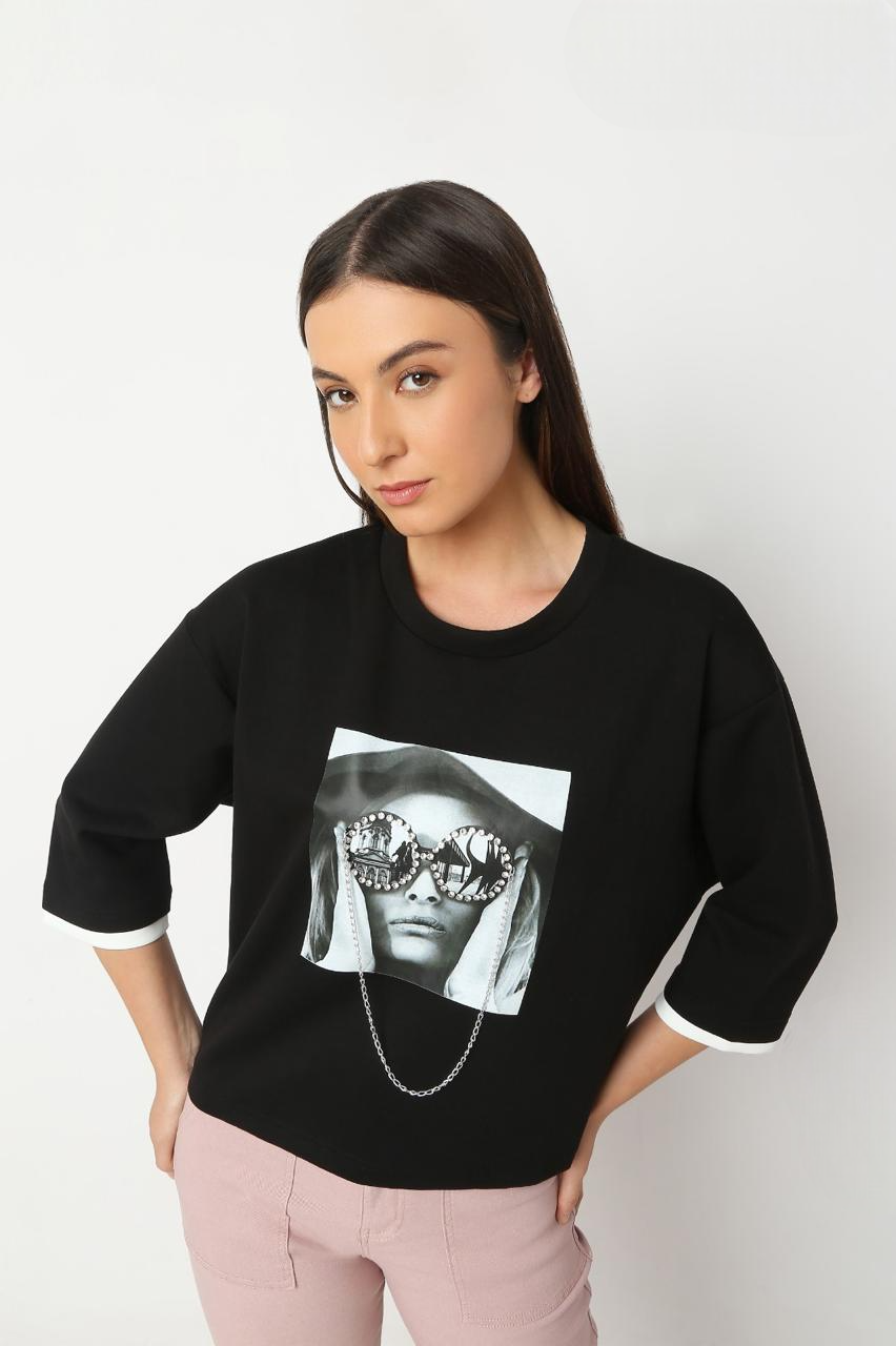 Women's Black Printed Fancy Top