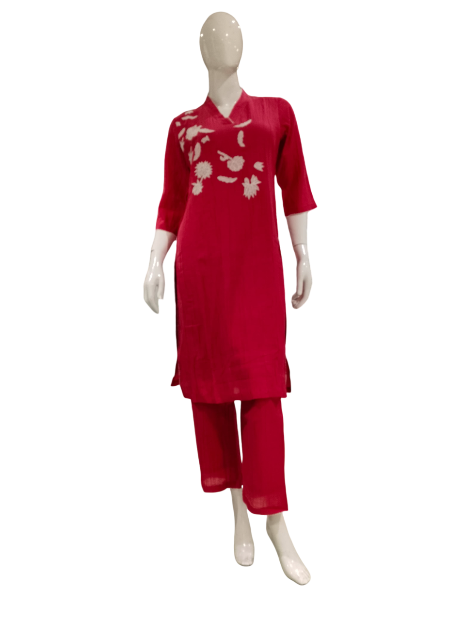 Women Embroidered  Red Cotton Linen Party Wear Kurti Suit