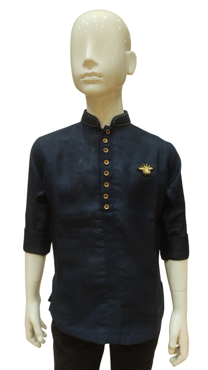 Boys Navy Blue Kurta Style Full Sleeve Shirt