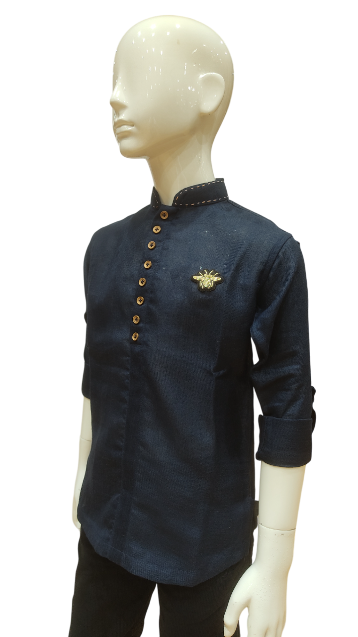 Boys Navy Blue Kurta Style Full Sleeve Shirt
