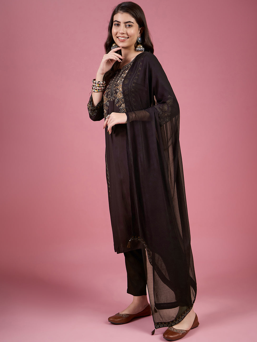 Women's Coffee Fancy Kurti Suit With Dupatta