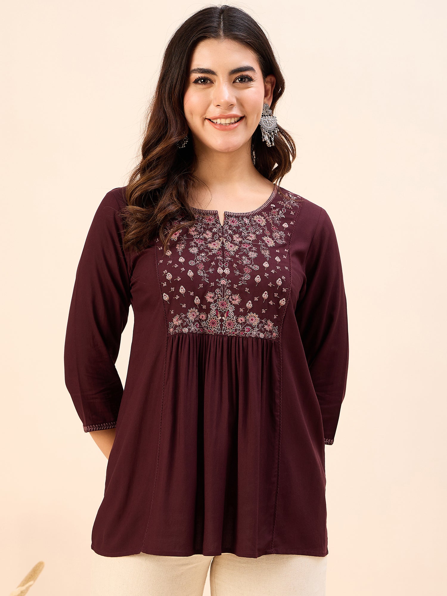 Women's Burgundy embroidery Fancy Top