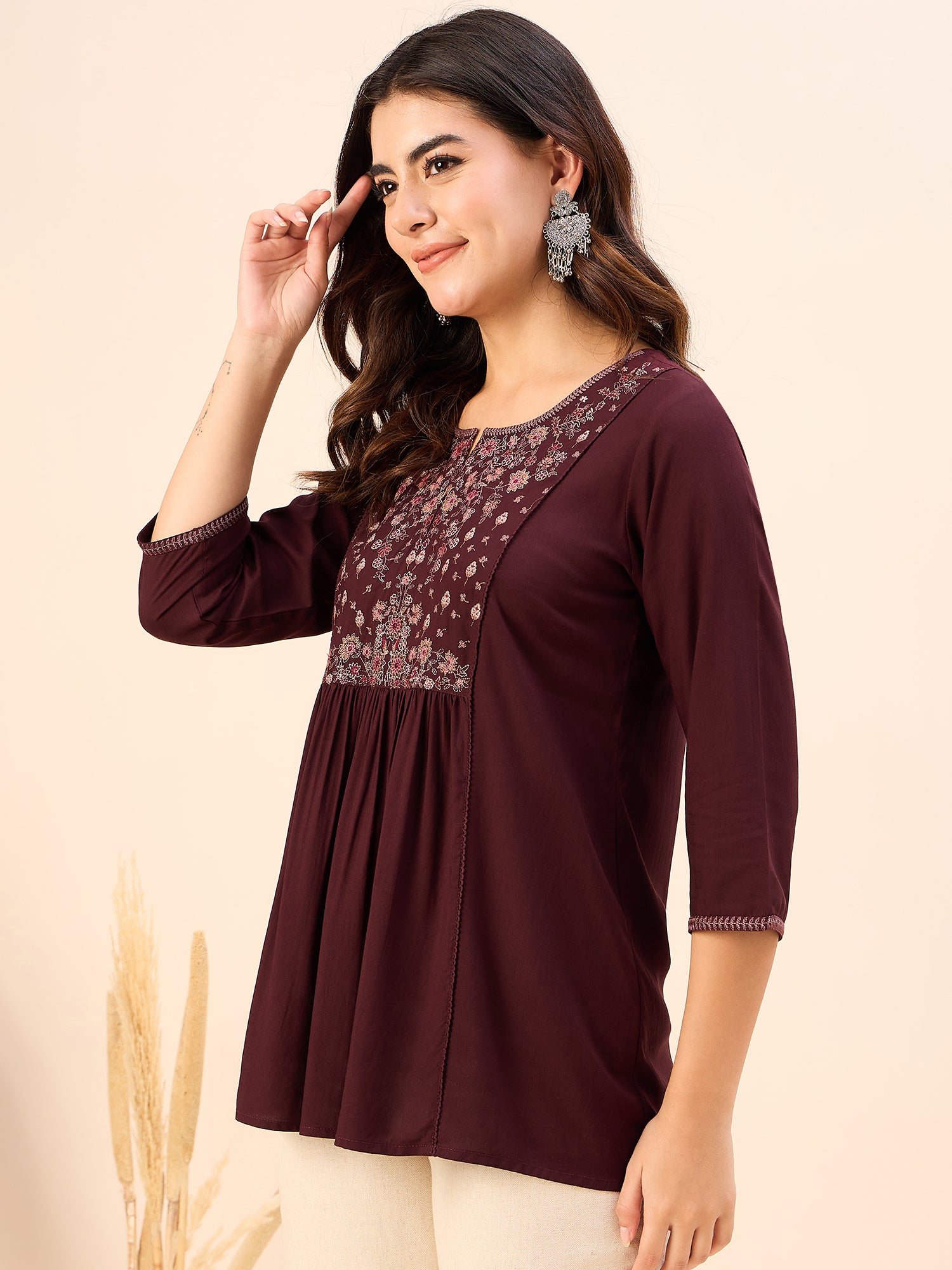 Women's Burgundy embroidery Fancy Top