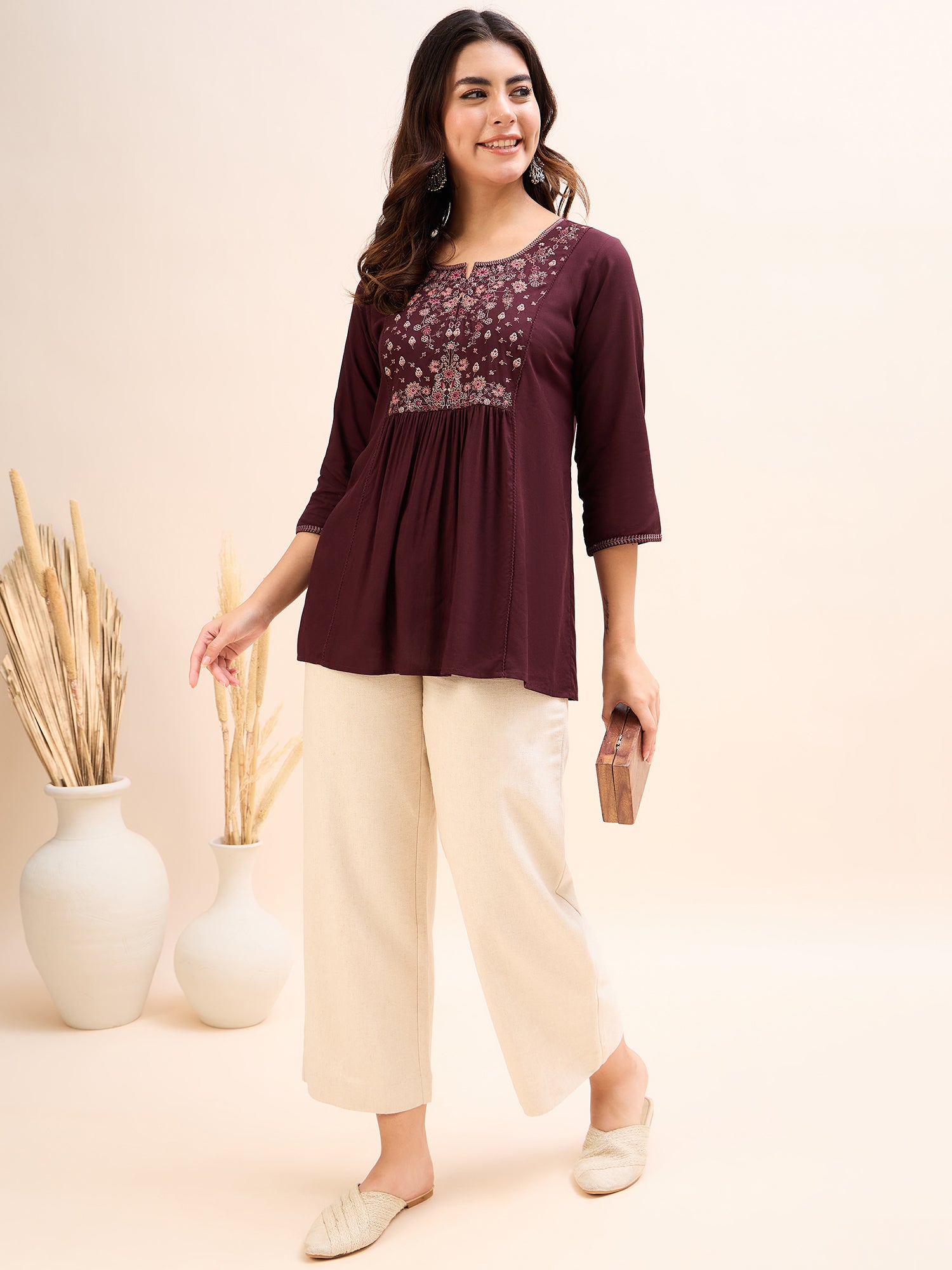 Women's Burgundy embroidery Fancy Top