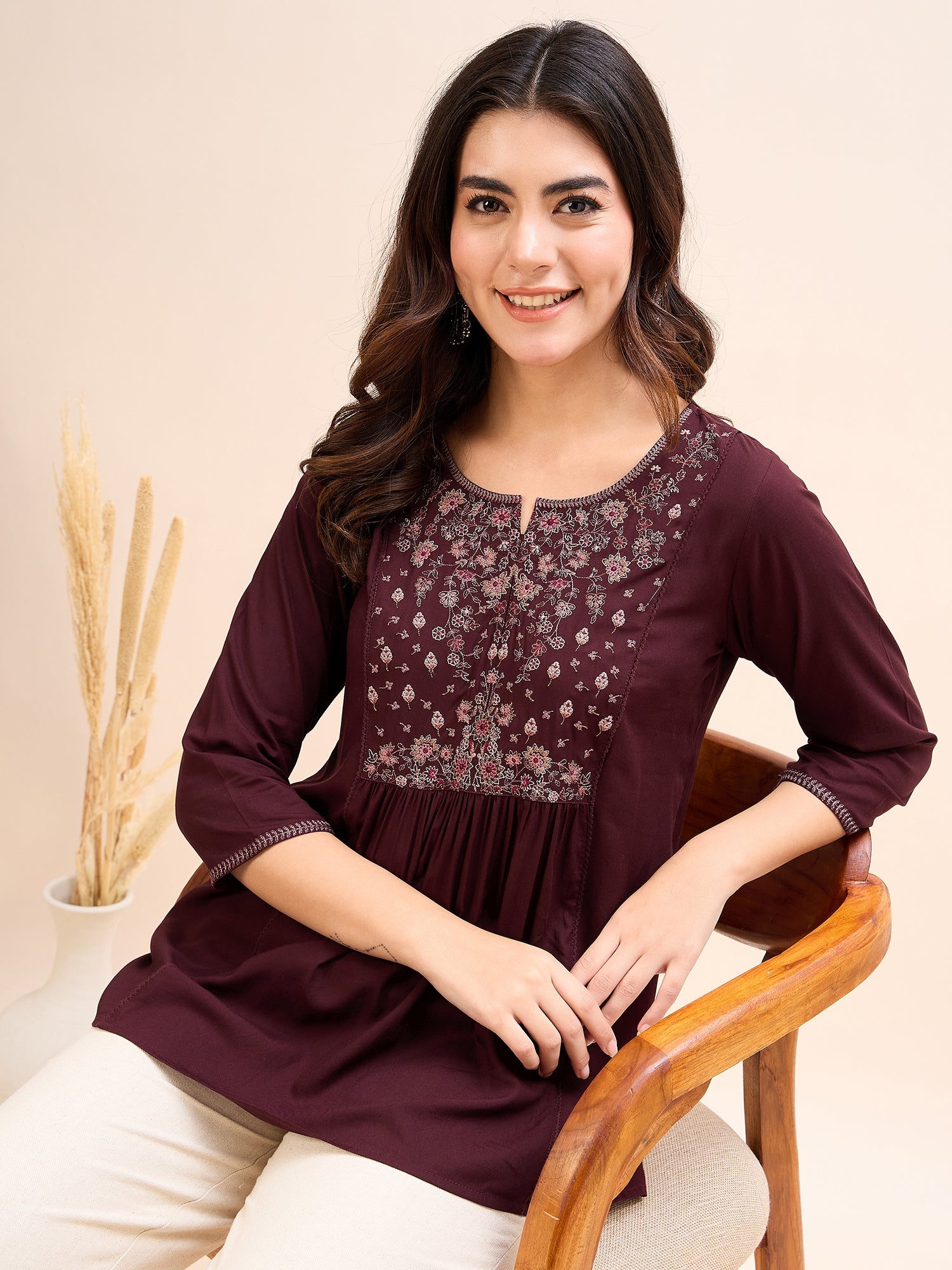 Women's Burgundy embroidery Fancy Top