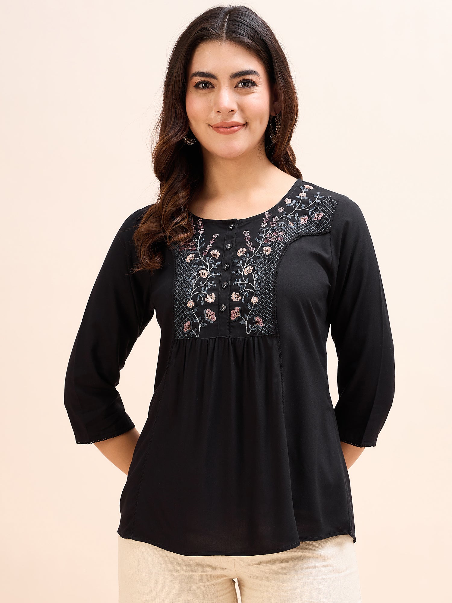 Women's Black Embroidery Fancy Top