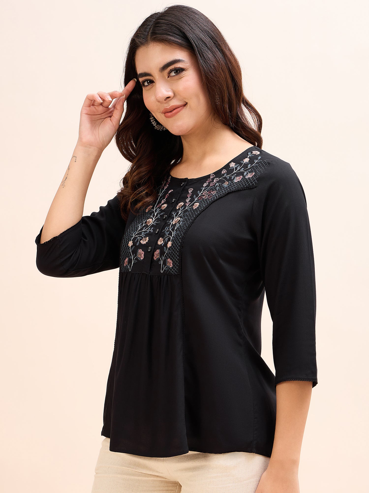 Women's Black Embroidery Fancy Top