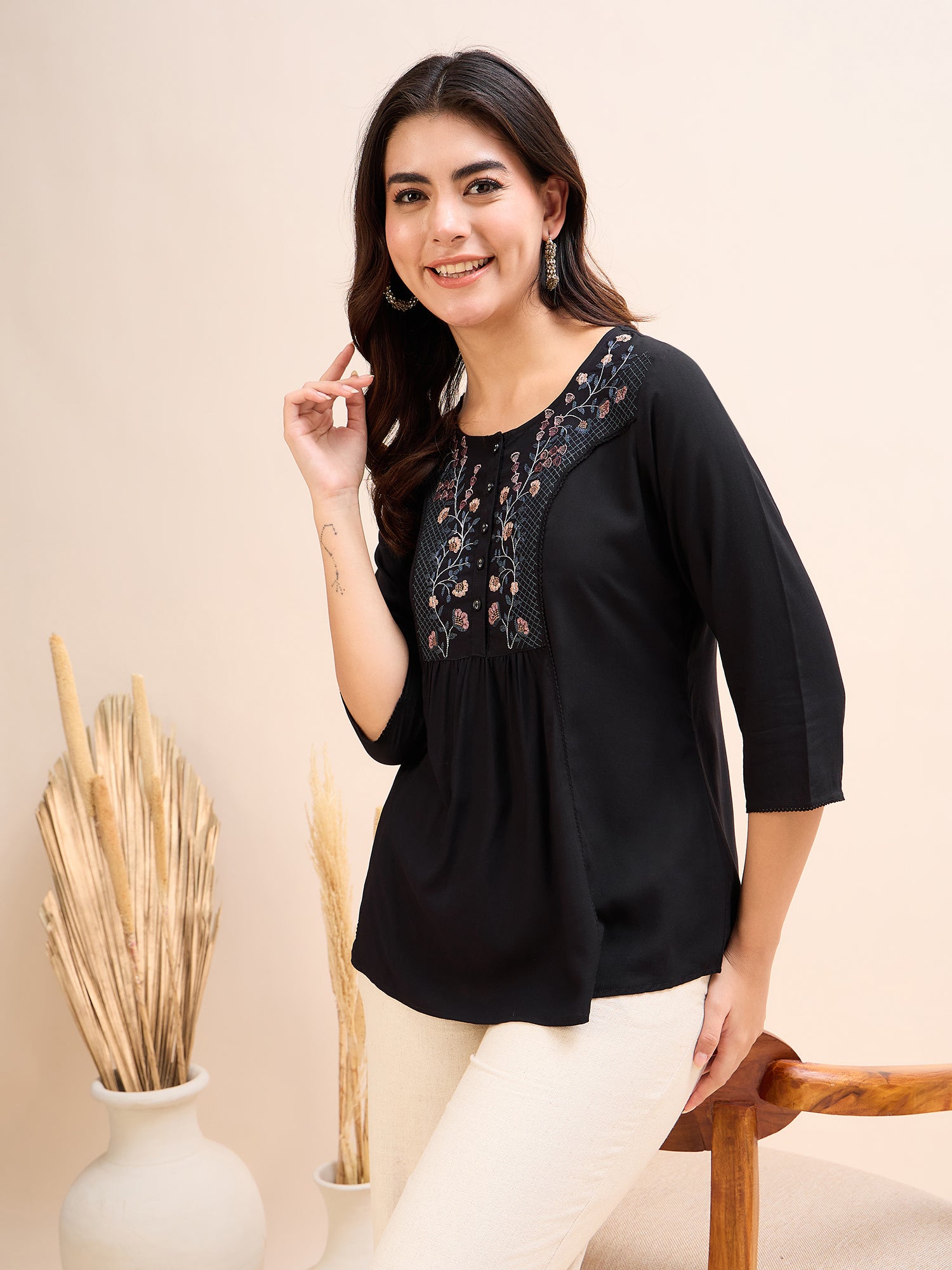 Women's Black Embroidery Fancy Top