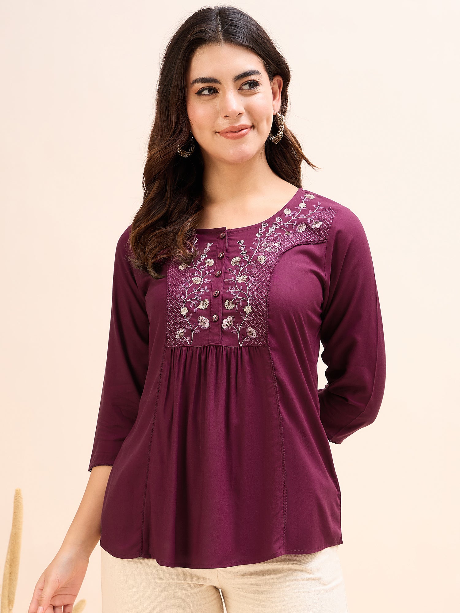 Women's Crimson Embroidery Fancy Top