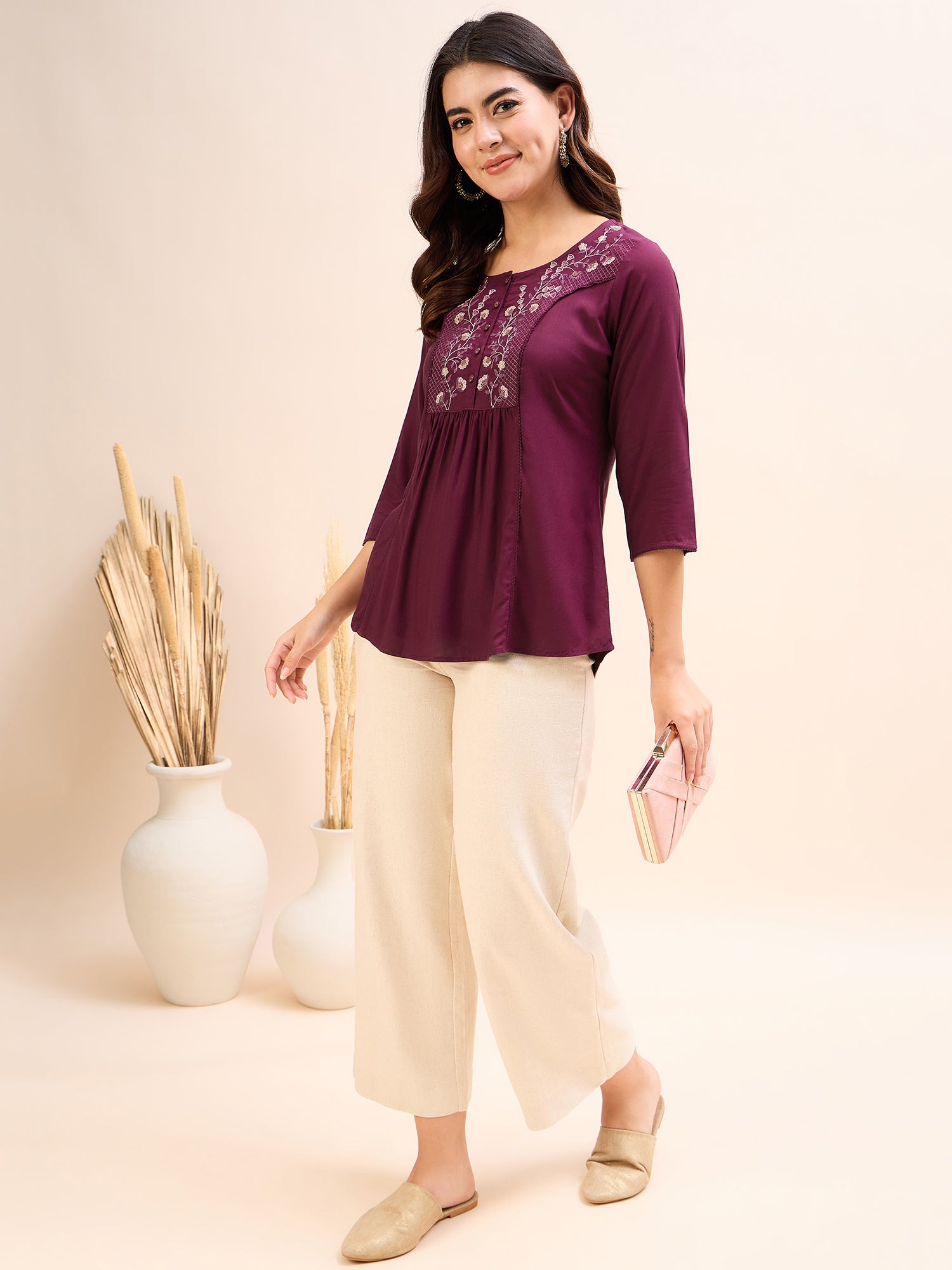 Women's Crimson Embroidery Fancy Top