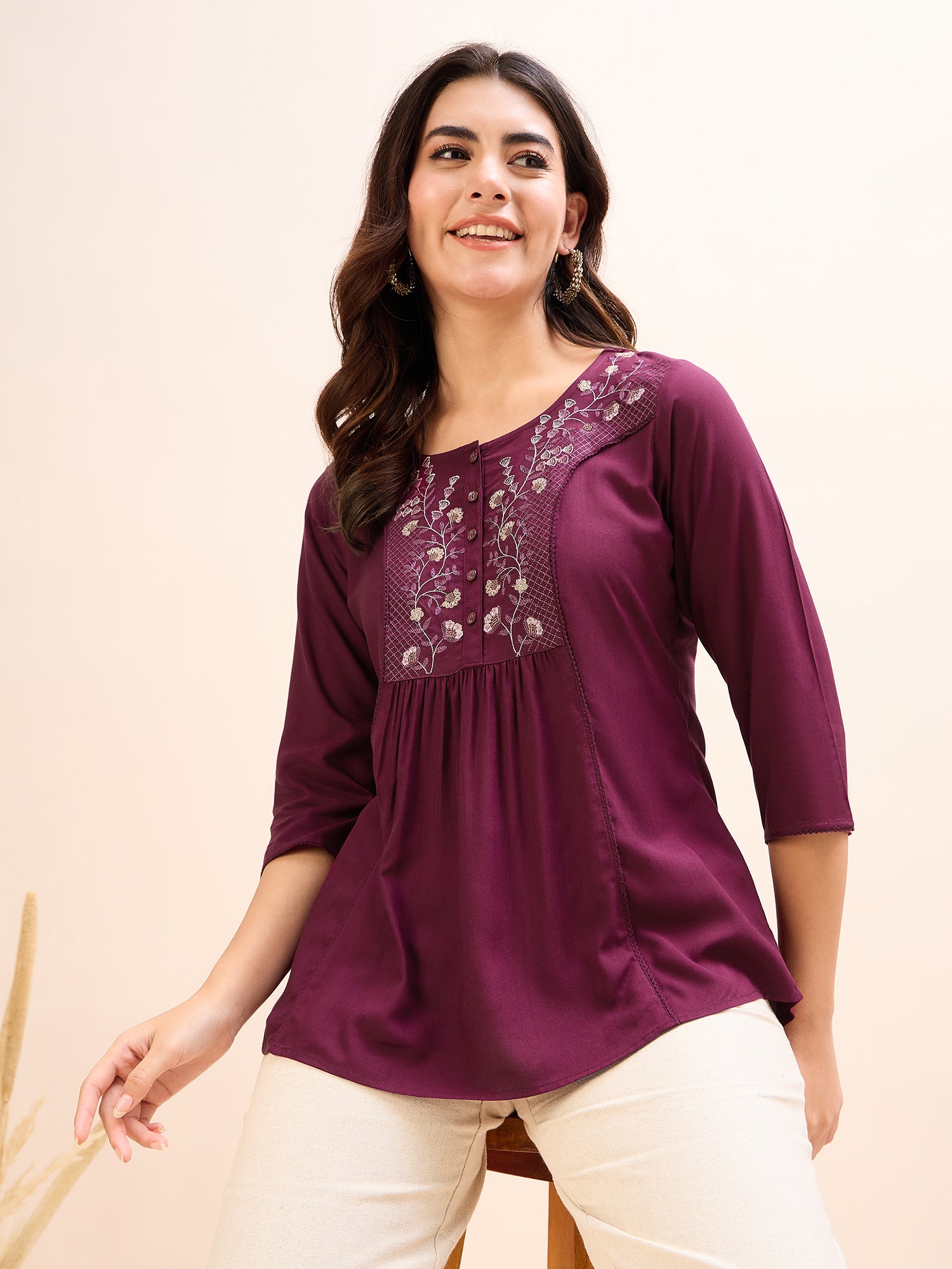 Women's Crimson Embroidery Fancy Top