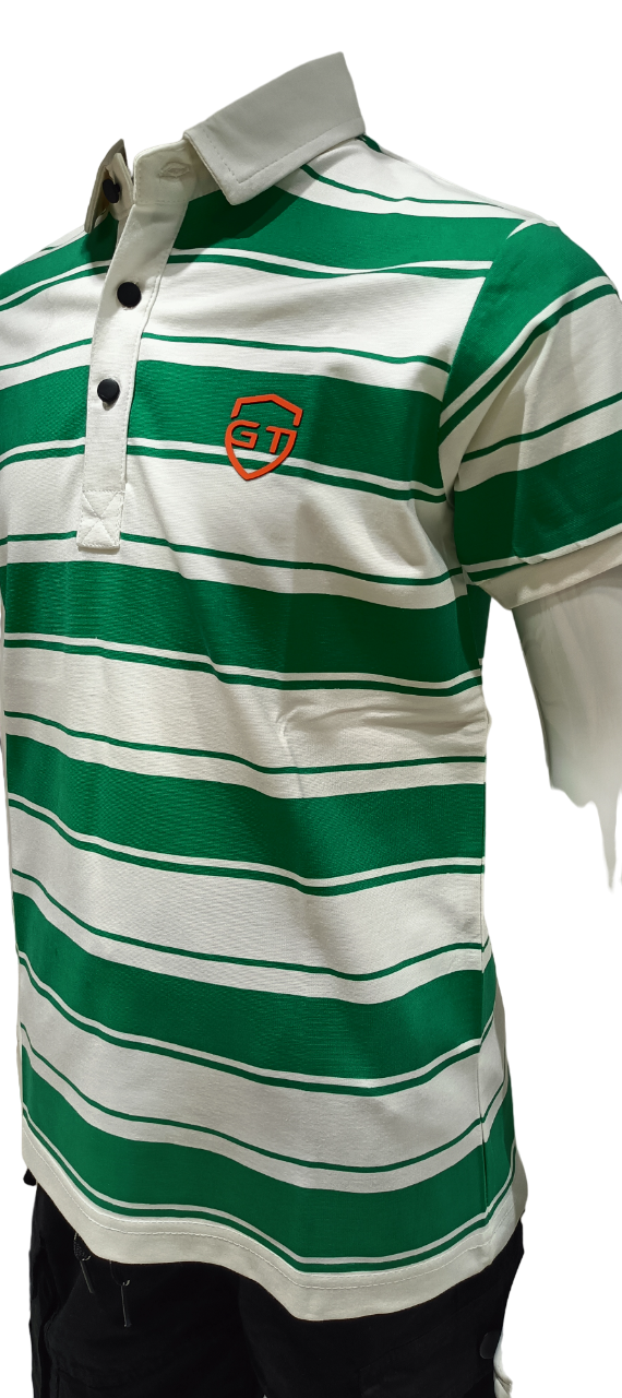 Boys Green Striped Collar Neck T-Shirt