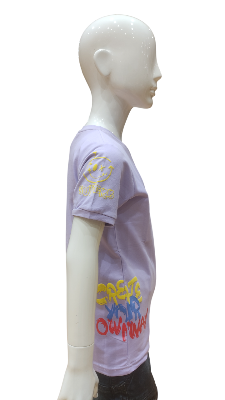 Boys Lilac Half Sleeve Printed Fancy T-Shirt